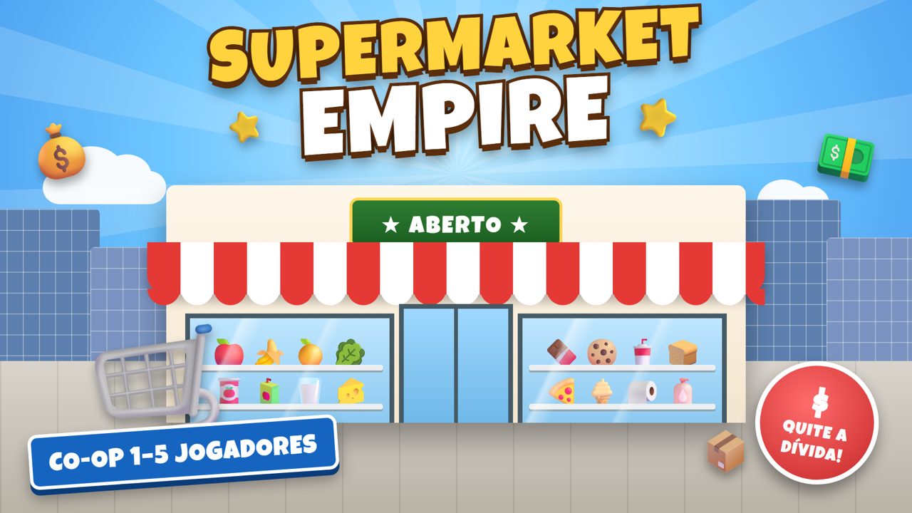 Capa do Supermarket Empire: a fachada de um supermercado colorido